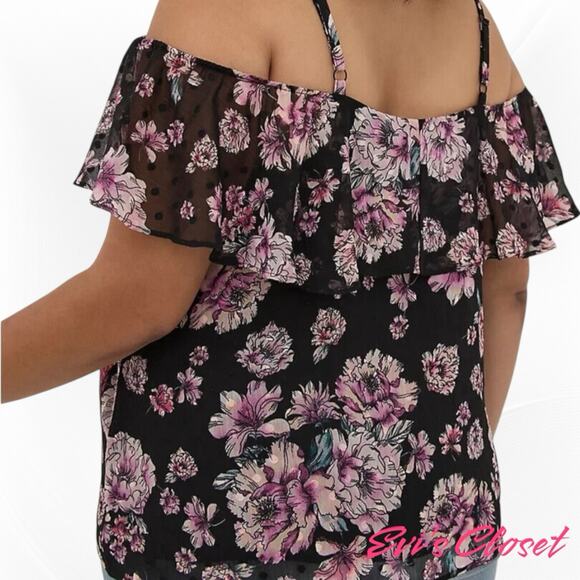 Torrid Navy Silver Pink Chiffon Plus Sz 3/ 22 Cold Shoulder Short Sleeve Top - Picture 4 of 16